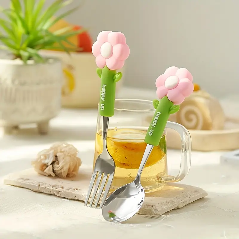4pcs flower silicone handle fork and spoon set stainless steel tableware suitable for kitchen restaurant hotel carrying party travel camping Product details 10