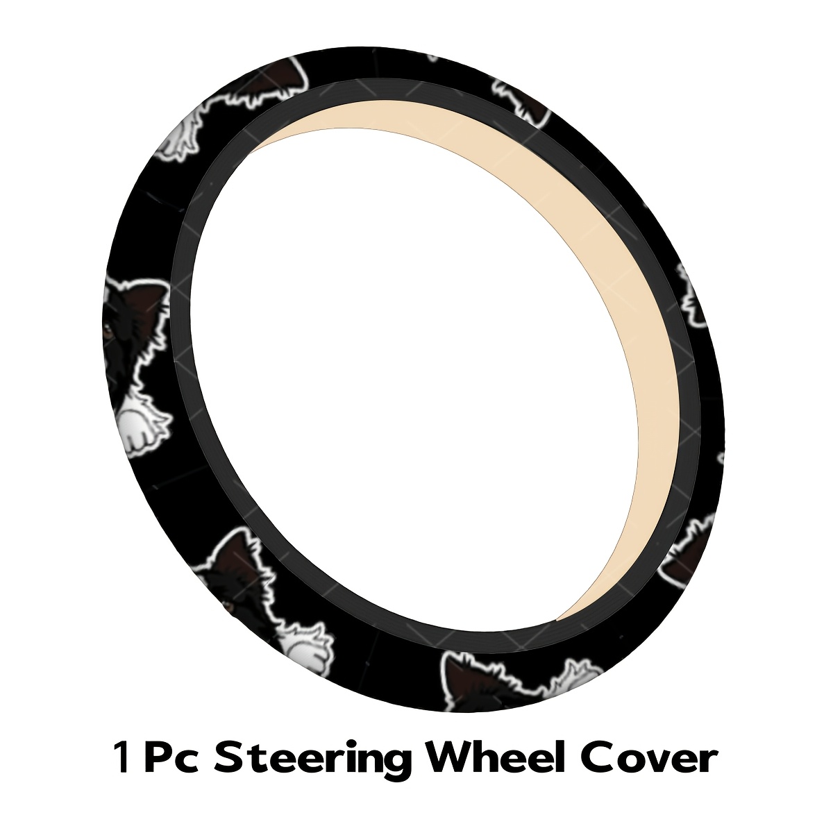 TEMU Cute Waving Border Collie Steering Wheel Cover, Cartoon Dog Black Background, Soft Comfortable Touch, Non-slip , No Design, Car Interior Decor