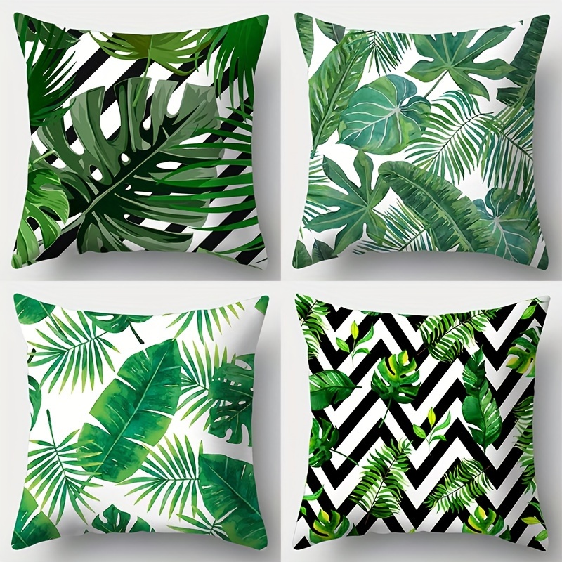 

4-piece Set Green Leaf Print Throw Pillow Covers, 17.7x17.7 Inches - Contemporary Style, Zip Closure, Hand Wash Only, Perfect For Living Room Decor (inserts Not Included)