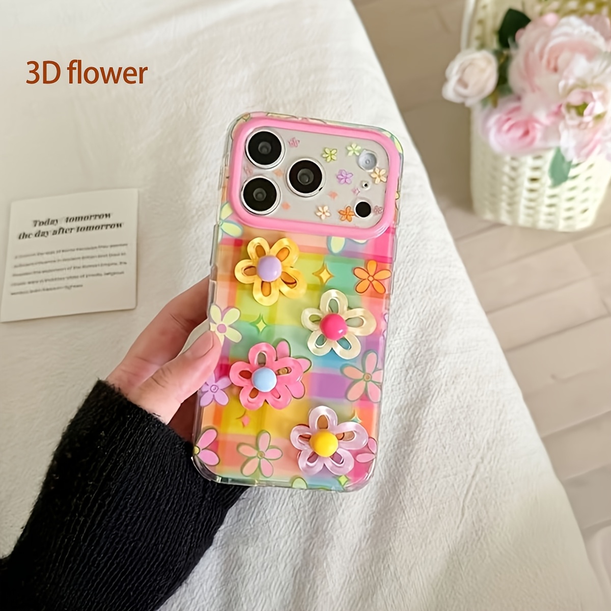 TEMU Étui de téléphone : Étui de téléphone tendance style Instagram à motif printanier vif à carreaux colorés à fleurs en trois dimensions, un cadeau