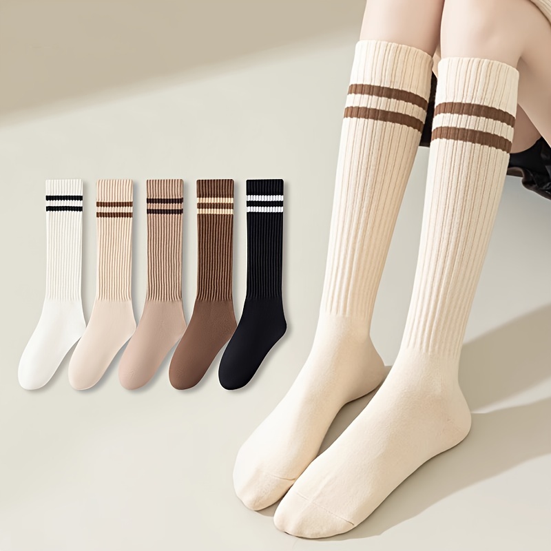 

5 Pairs Striped Slouch Calf Socks, Retro Trendy Knitted Knee High Socks For Fall & Winter, Women's Stockings & Hosiery