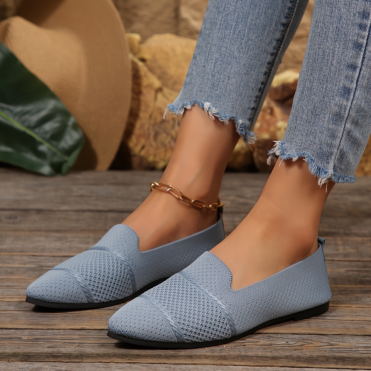 Elegant Ballet Flat Shoes For Women, Slip-On Breathable Soft Sole Daily Knitted Ballets, Point Toe Daily Wear