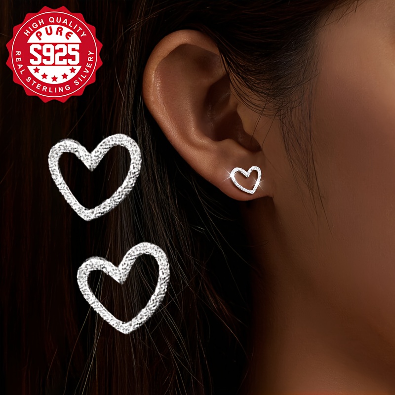 Pair Of S925 Silver Hollow Heart Stud Earrings, 's Heart Earrings, Exquisite Gift For , Hypoallergenic, 1.05g