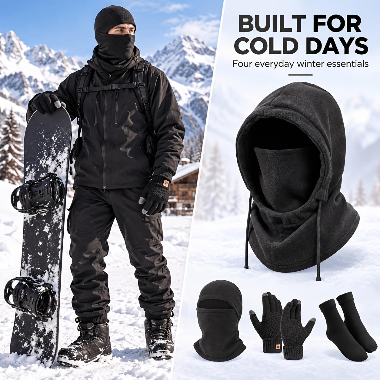 TEMU Ensemble 4 pièces d'hiver chaud pour l'extérieur, comprenant un cache-visor double épaisseur en , un capuchon extérieur, des gants en , des