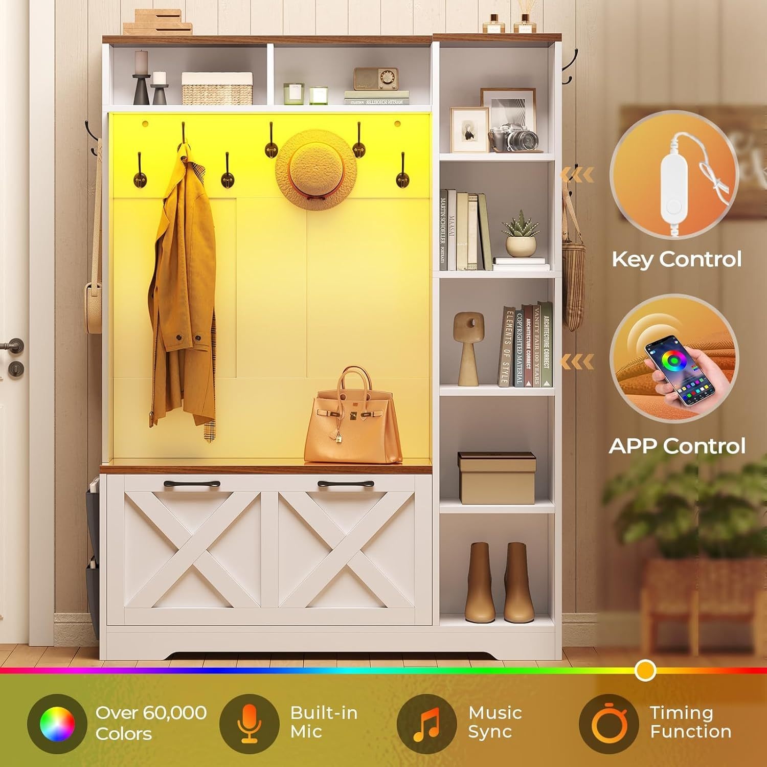 Farmhouse Entryway Organizer with Bench & Shoe Cabinet - 7 Shelves, 10 Hooks, LED Lighting, USB-Powered, White Engineered Wood Storage for Hallway, Living Room, Bedroom - Easy Assembly, No Tools Needed, Entryway Storage, Rustic Charm, Durable Construction, Home Organization, Minimalist Design, Sturdy Construction, Home Decorators