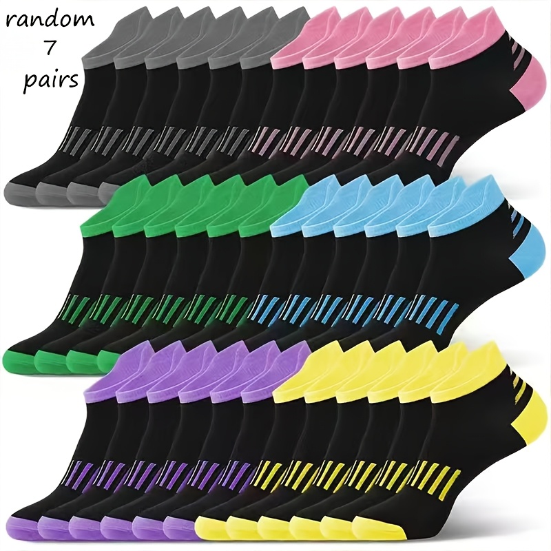 TEMU Random 7 Pairs Unisex Sports Short Socks, Colored Striped Fitness Running Socks, Comfortable For Daily Wear, Casual Easy Breathable Short Socks