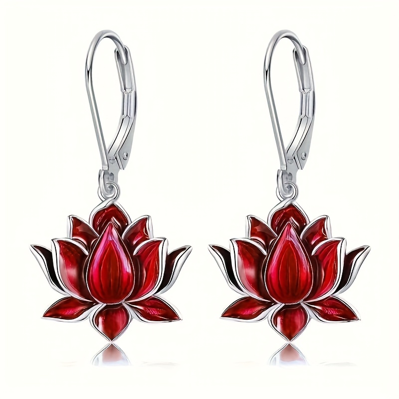 E-shop 1 Paar elegante rote Emaille-Lotus-Ohrringe für Damen, modischer Blumen-Langohrring für , Schmuck