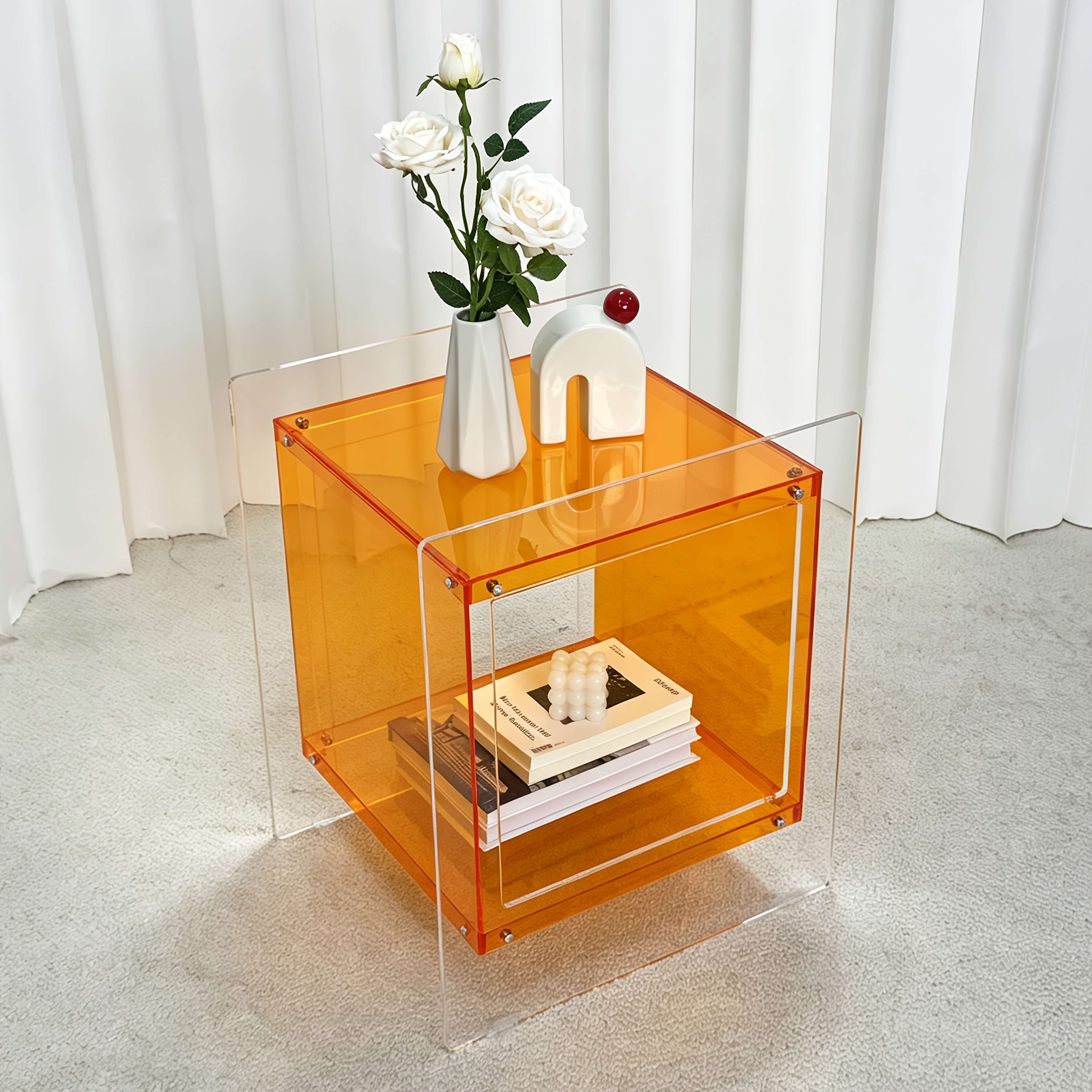 AESOME Modern Clear Acrylic Nightstand with Open Shelf - Portable Bedside Table Suitable for Small Spaces, Multicolor Contemporary Shelf Unit, Assembly Bedside Storage for Bedroom, Bathroom, Office, Living Room, Non-Wood
