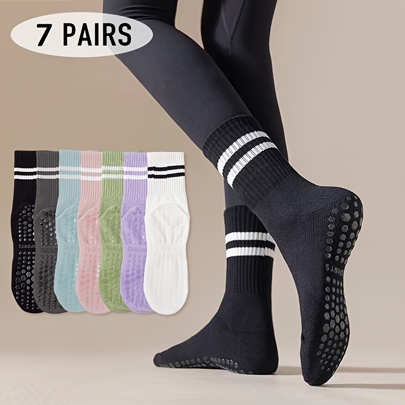 

3/4/7 Pairs Anti-slip Striped Print Socks, Simple Fitness Pilates Athletic Socks, Women's Stockings & Hosiery