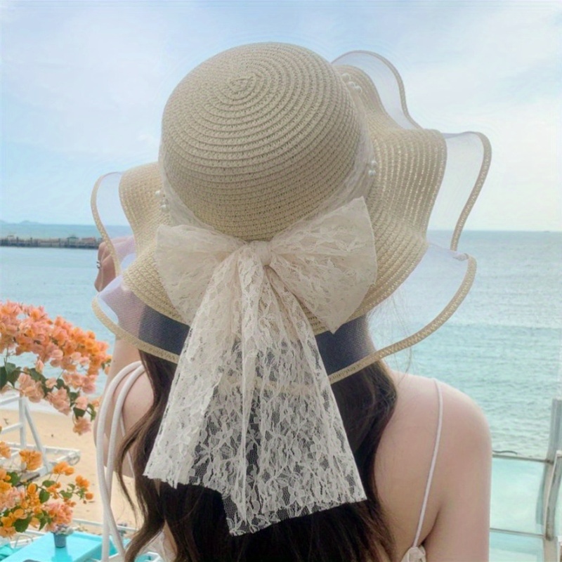 Chic Beige Sun Hat for Women womens elegant large wide brim sun hat beige brown lace - Temu main image 2