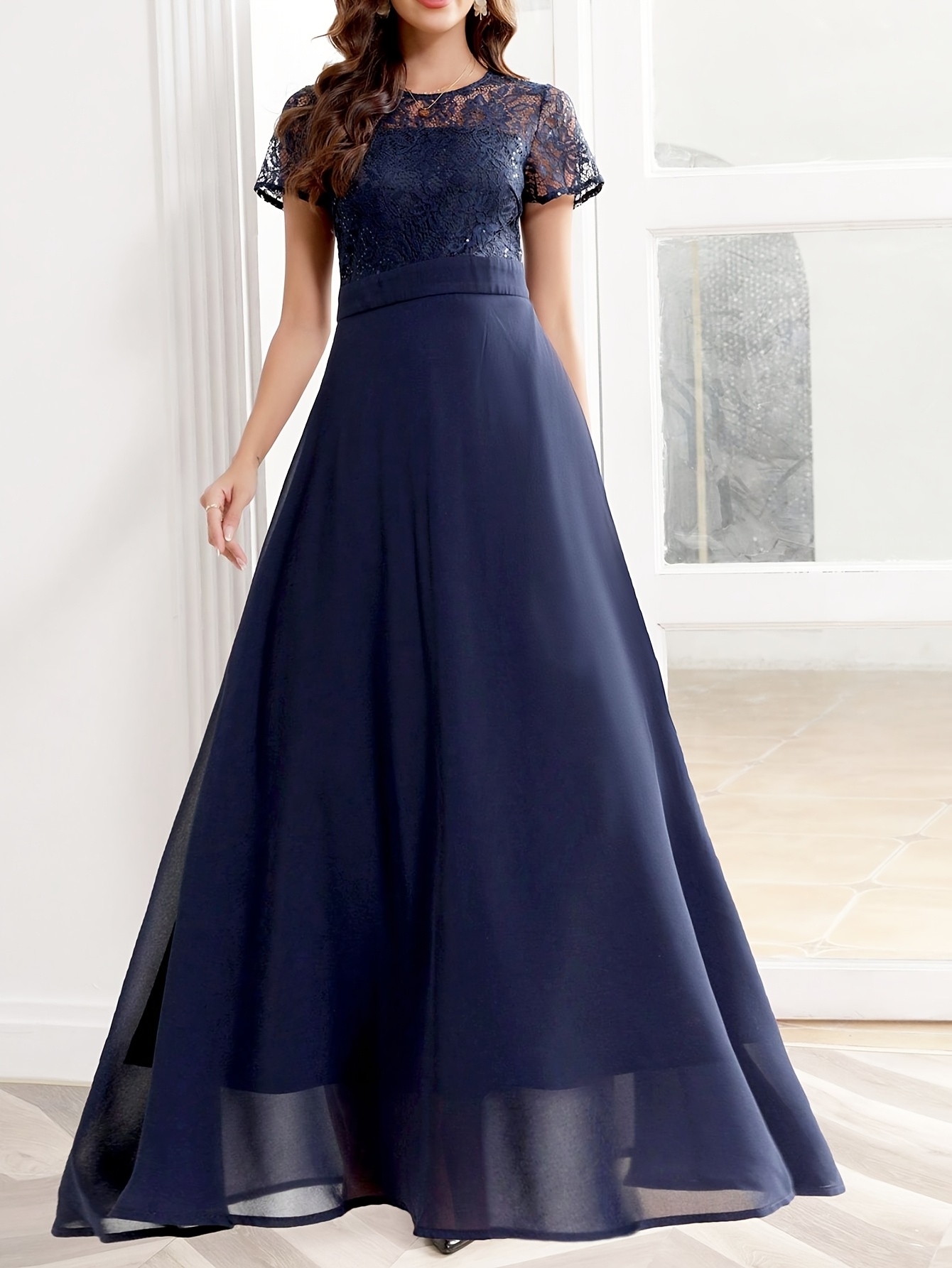Women'S Short Sleeve Sequin Lace * Chiffon Long Wedding Bridesmaid Gown  Dress, Formal Evening Dress