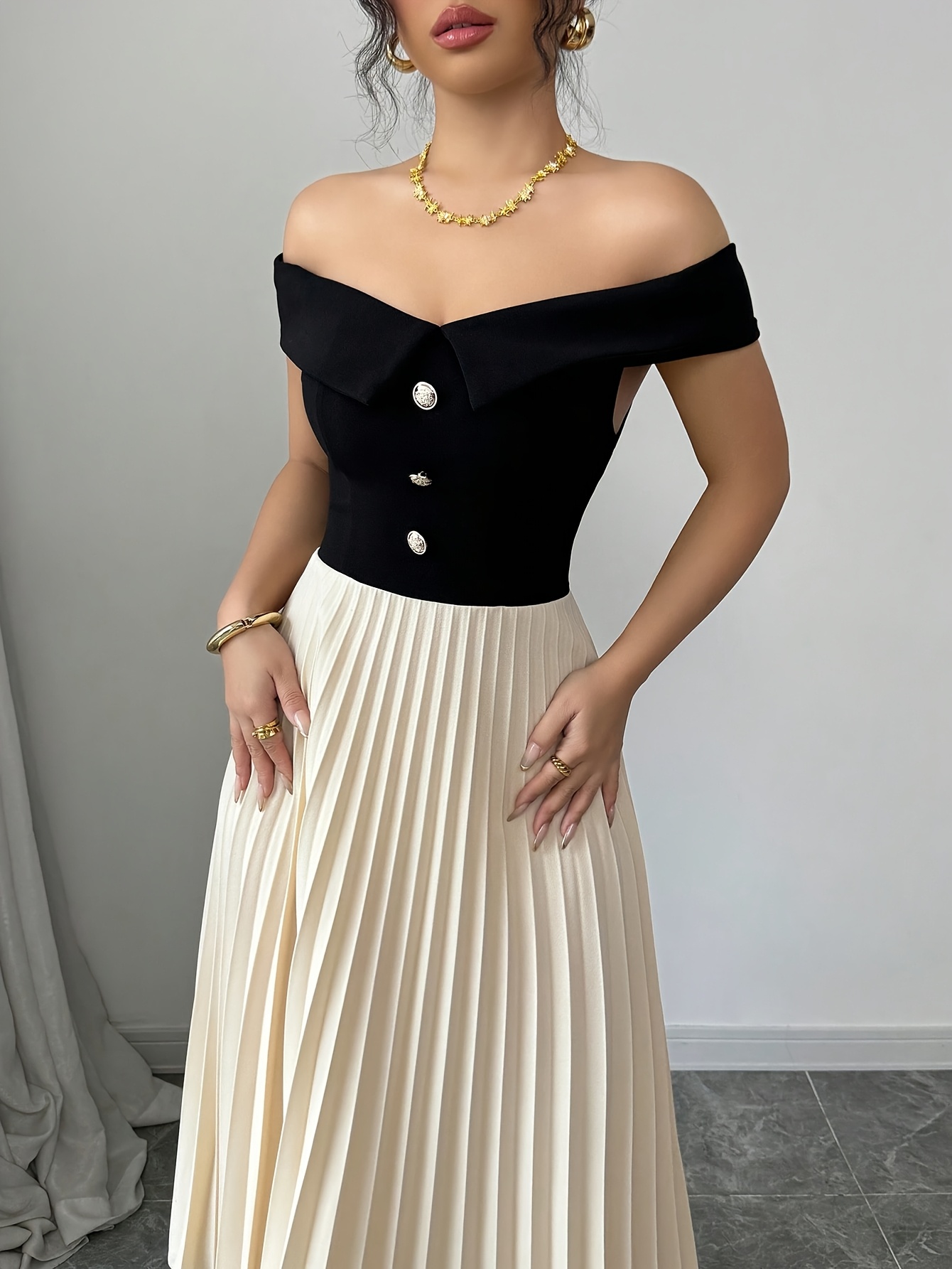elegant shoulder a line pleated midi dress solid color - Temu United Arab  Emirates