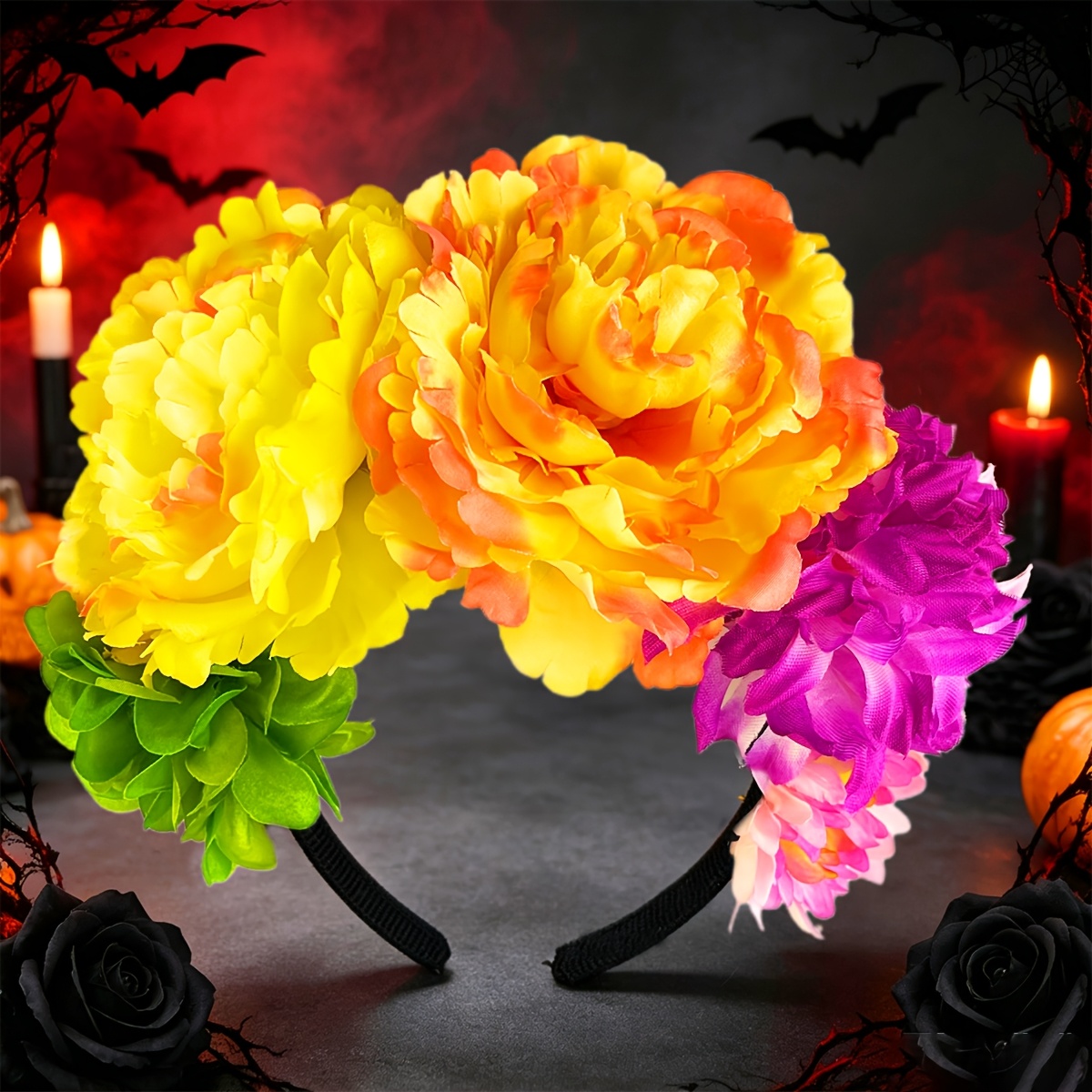 TEMU Halloween Realistic Oversized Headband, Retro -blocking Floral Headband, Mexican Halloween Carnival Headpiece, Gothic Style Party Makeup Prom