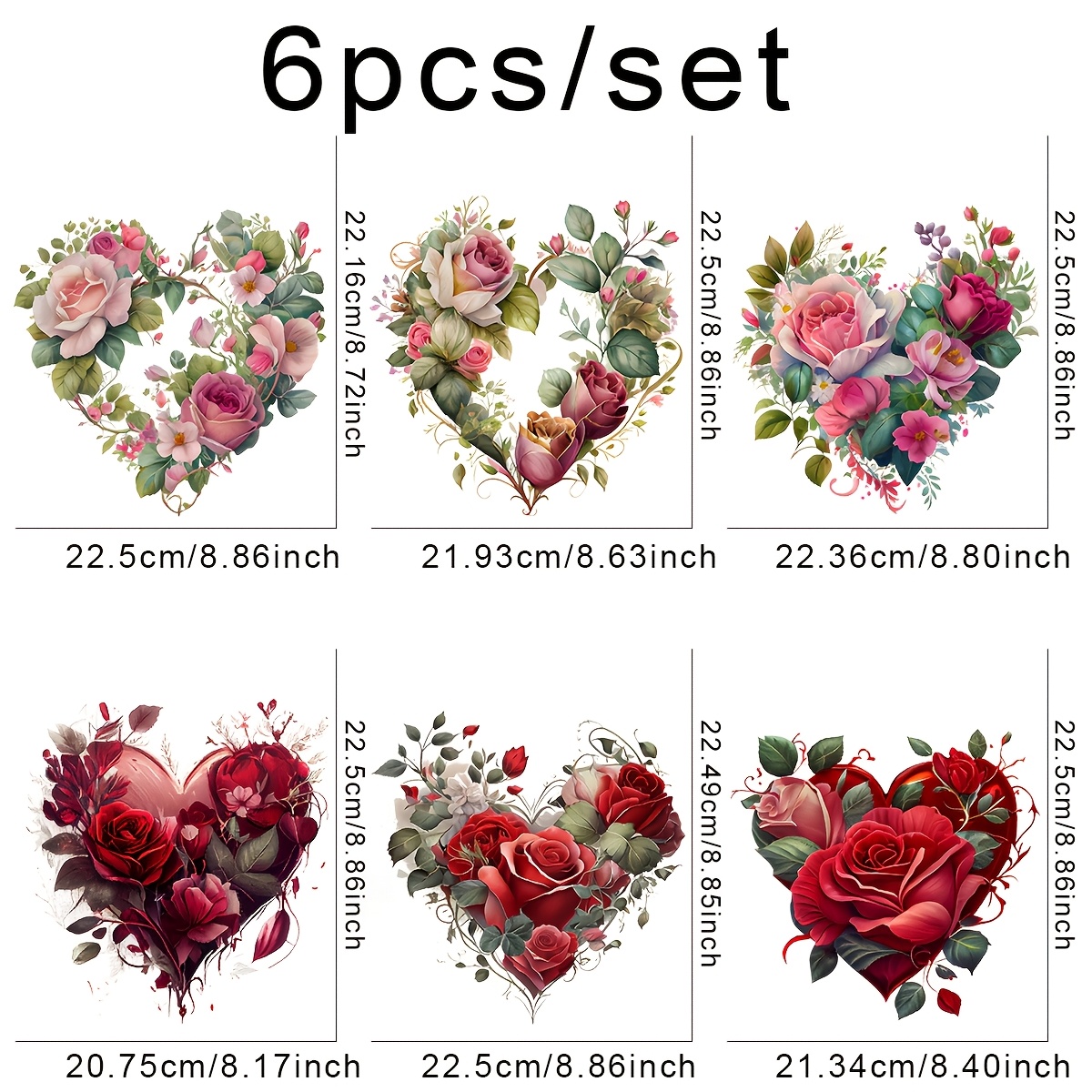 TEMU 6pcs Floral Heart Iron-on Transfer Decals, Dtf Heat Transfer Stickers, Washable Plastic Appliques, Mixed Color Patch For Diy T-shirts, Masks,