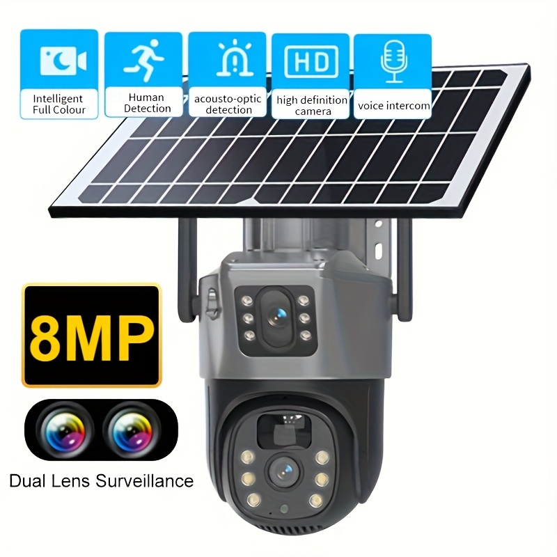 TEMU Solar Camera Outdoor Wireless, 8mp Dual Lens Ptz Security Cameras 2.4g Wi-fi, Video Surveillance Cctv Camera For Home Security, Pir Detection, Color Night Vision, 2-way Audio