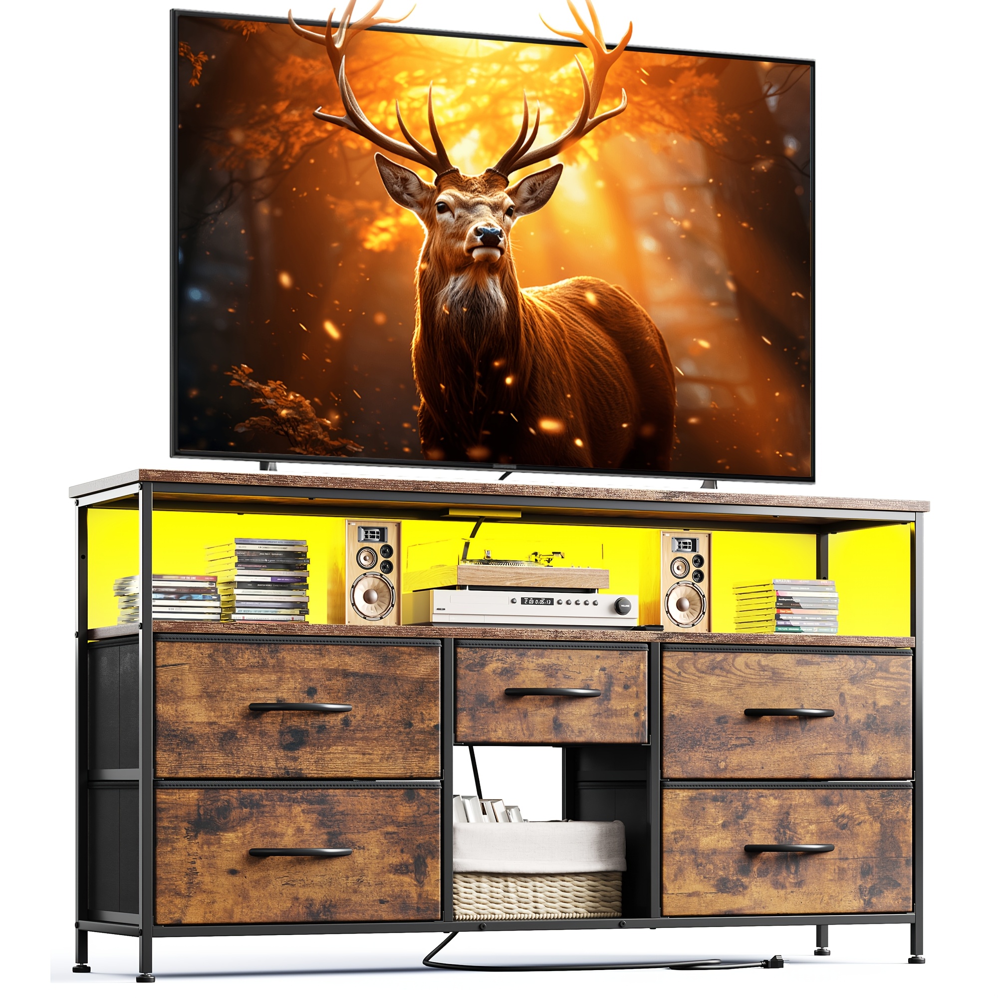 estante de   5 gavetas,   de entretenimento para tv de 50 polegadas, mesa de console de   com tomadas de energia e luzes led, armários de escritório, prateleira aberta,   detalhes 0