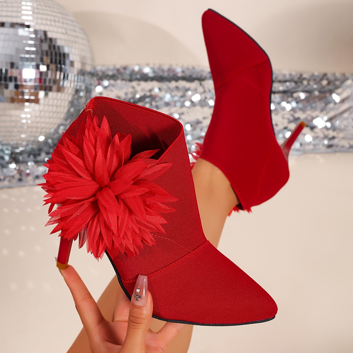 TEMU Women's High Heels, Solid Color Fabric, Feather Floral Decoration, Sexy And Elegant, Easy, Women Shoes
