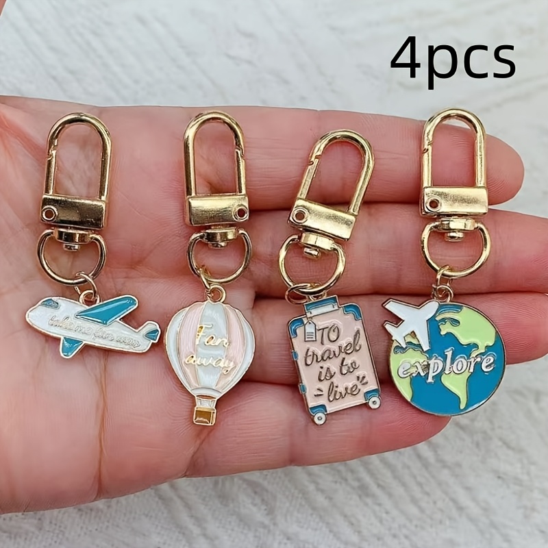 4pcs Three-door Oil Suitcase Earth Airplane Keychain Set Traveler Key Ring Set