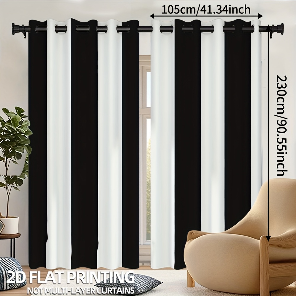 TEMU 2pcs/set, Black And White Striped Print, Flat Visual Decorative Curtains, Perforated Design, High-definition Printing, Fade-resistant, Machine