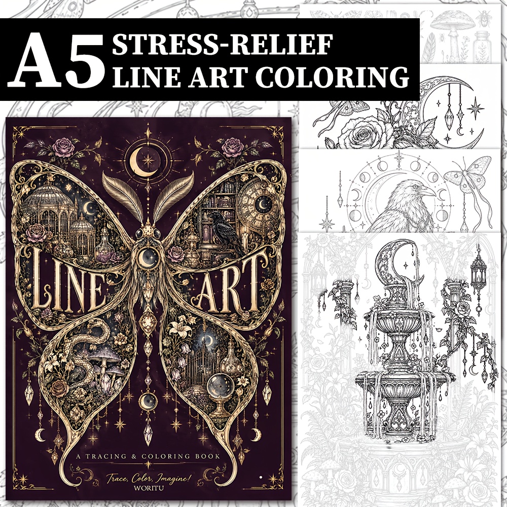 TEMU Like An Drawing From A , The A5 Vintage Gothic Line Art Coloring Book Features Exquisite Scenes , Moths, Flowers, And Ornaments. Trace And Color