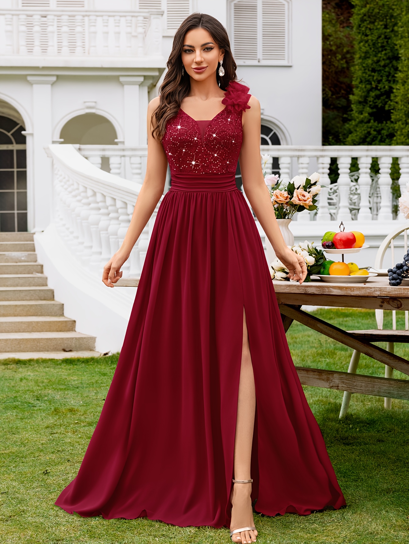 24451A Women'S Elegant Sequin Lace Deep V-Neck Sleeveless Off-Shoulder  Floral Embellished Waist Ruched Slit Chiffon Hem Wedding Party Bridesmaid  Dress