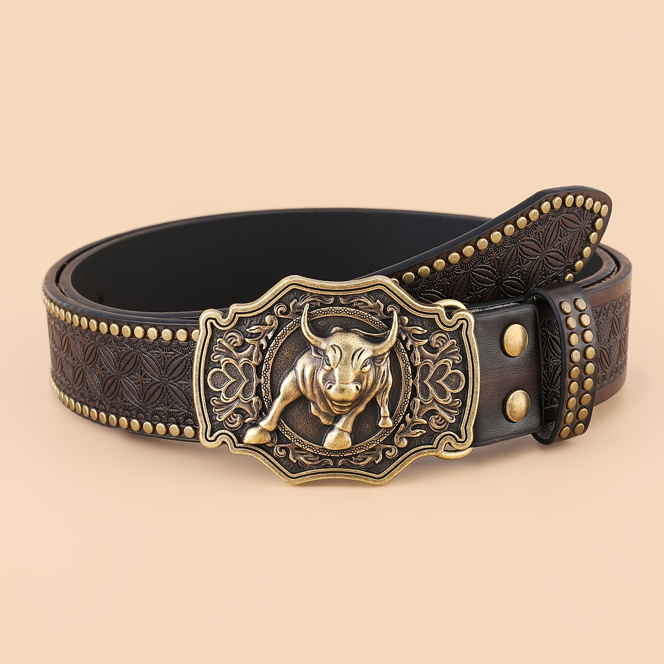 TEMU 1pc Men's Head Belt With Large Buckle & Embossed Rivet Suitable For Golf, Casual Wear, Themed Parties - Buckle Belt For Outdoor, Ranch, Everyday