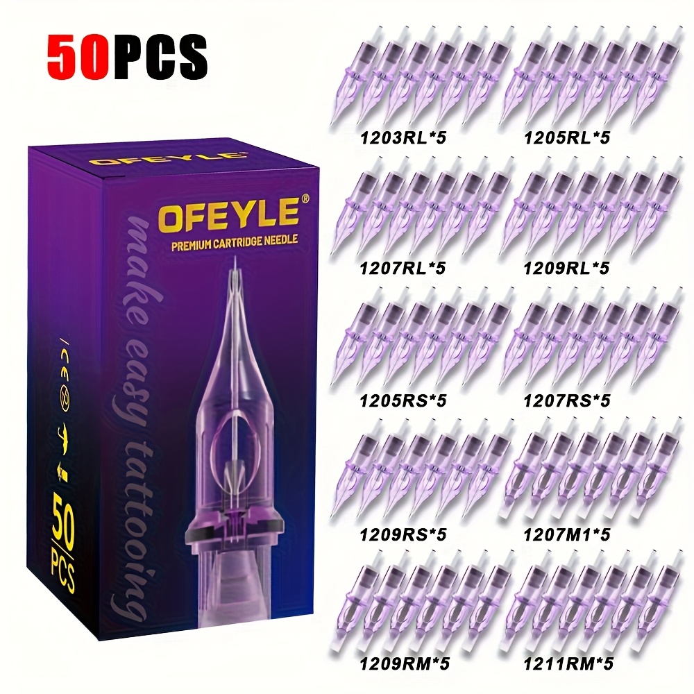 Image of 50pcs Of Assorted Tattoo Cartridge Needles, Each Individually Packaged, Featuring A Professional Purple Design With A Diameter Of 0., Suitable For Use With Tattoo Machines.