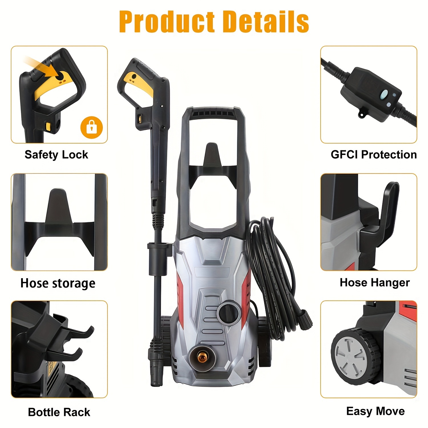 electric pressure washer 2030 psi max 1 76 gpm power washer with hose hook ipx5 car wash machine with gimbaled nozzles foam cannon for cars patios and floor cleaning details 2