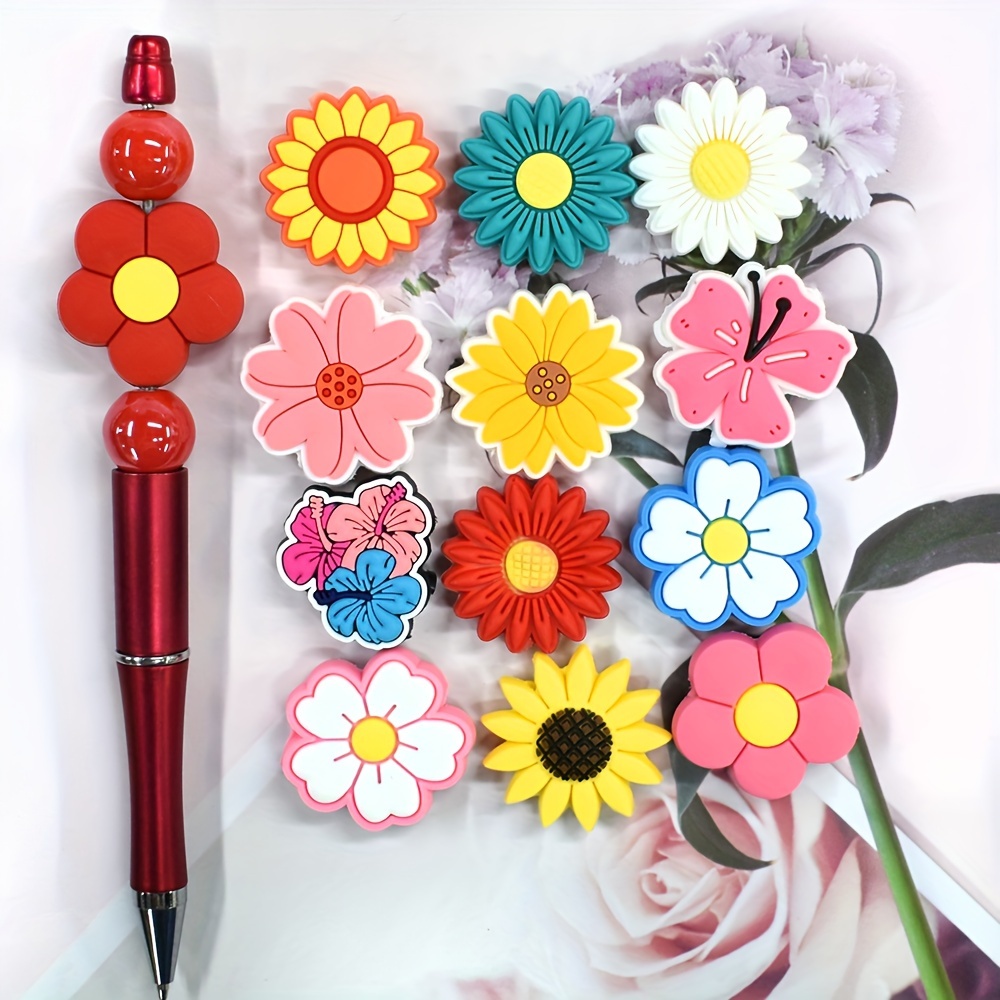 

13pcs Floral Pen Beads Set - Vibrant Red & Daisy Designs For , Keychains & Bag Charms - No Pen Included