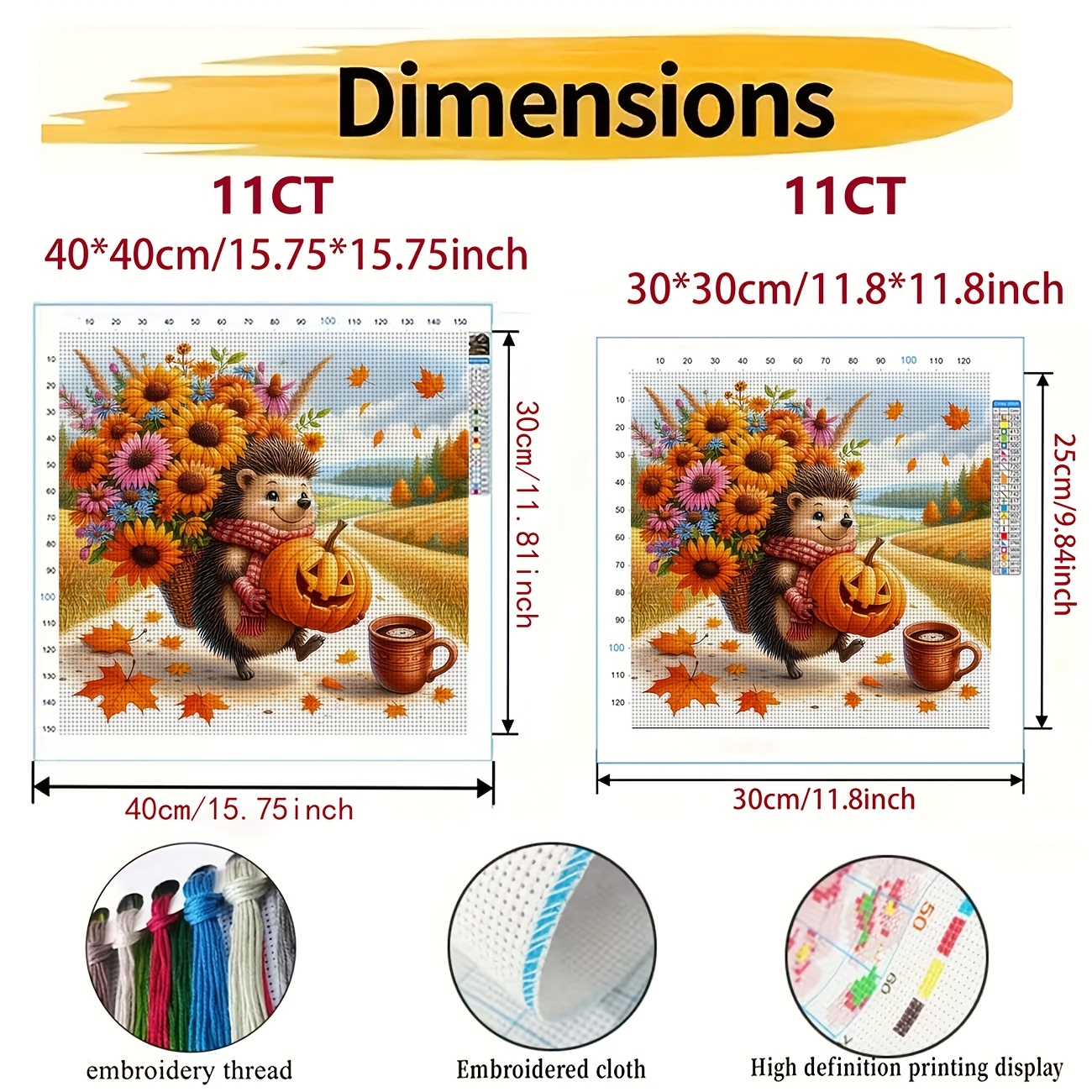 Printed DIY Cross Stitch Kit, Hedgehog Holding Flowers with Pumpkin