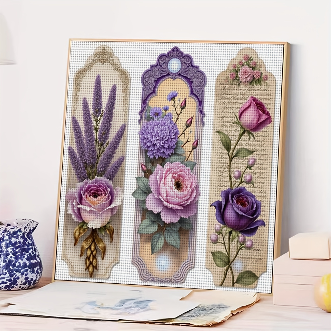 Cross-Stitch Printing Kit, Three Purple and Pink Floral Decorations