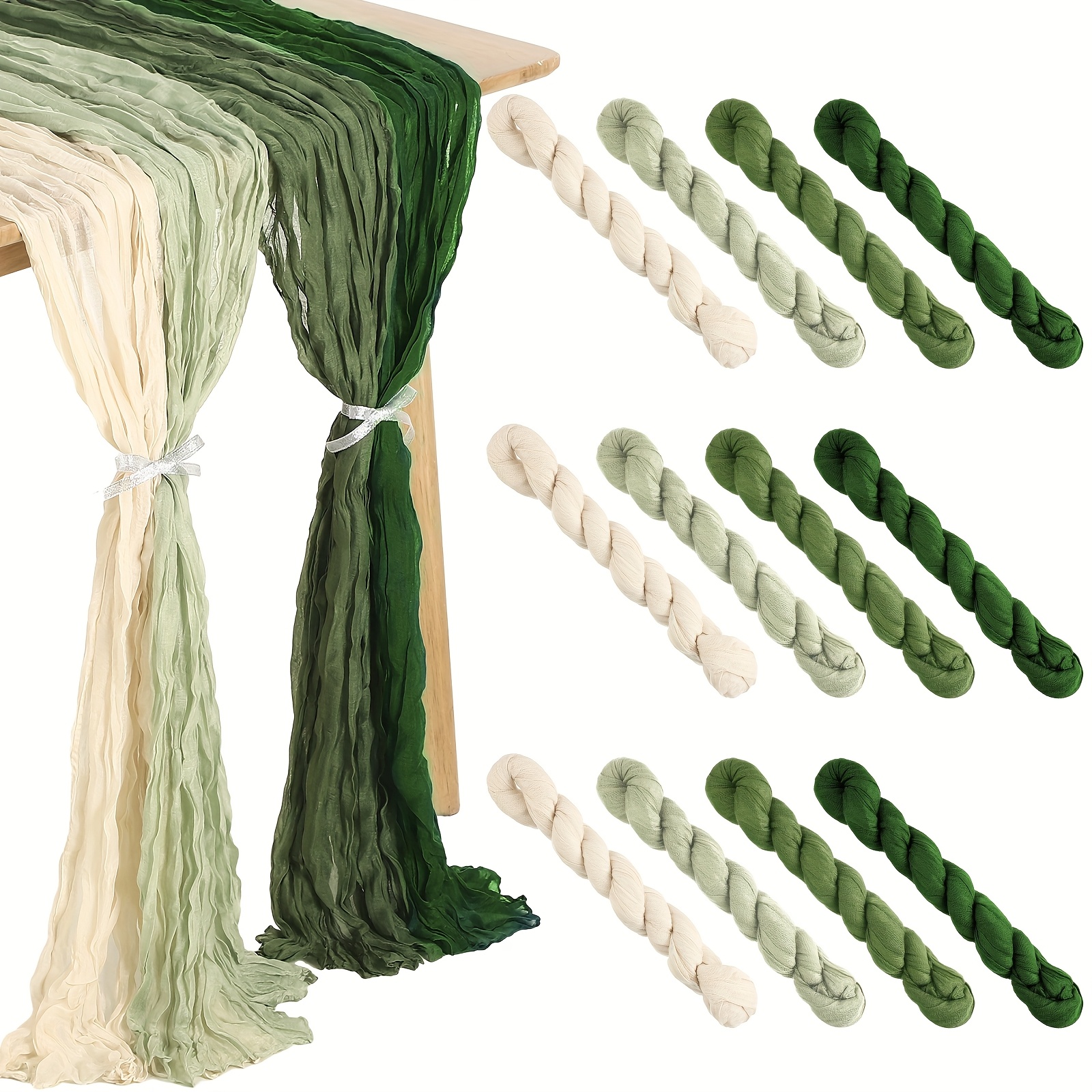 TEMU 12pcs Cheesecloth Gauze Table Runners Boho Wedding Decor Rustic Sheer Runner For Wedding Table Bridal Shower Birthday Party Decorations(gradient Green) Party Favors