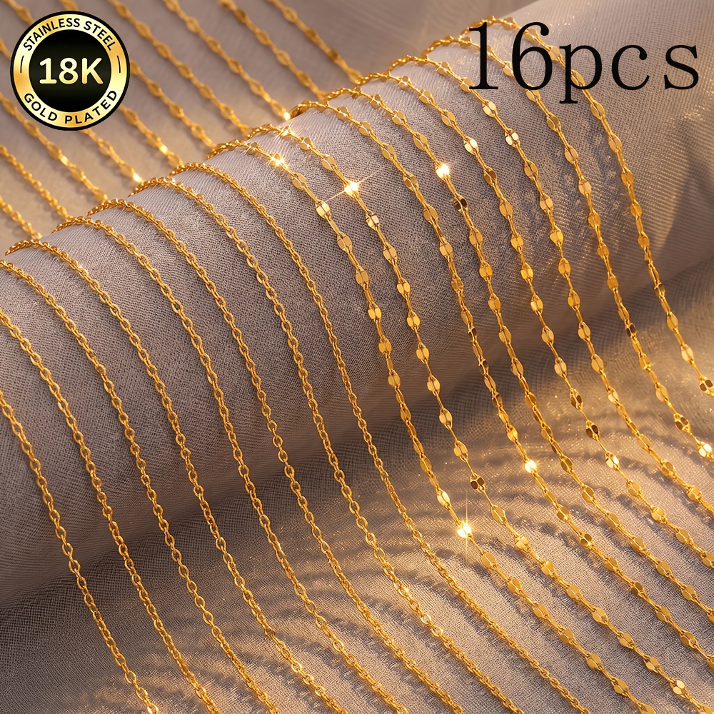 TEMU 16pcs High-quality Minimalist Hypoallergenic 18k Gold-plated Stainless Steel Necklace Set, Chain Length 40 5cm/15.7 1.96inch, Unisex, Stainless