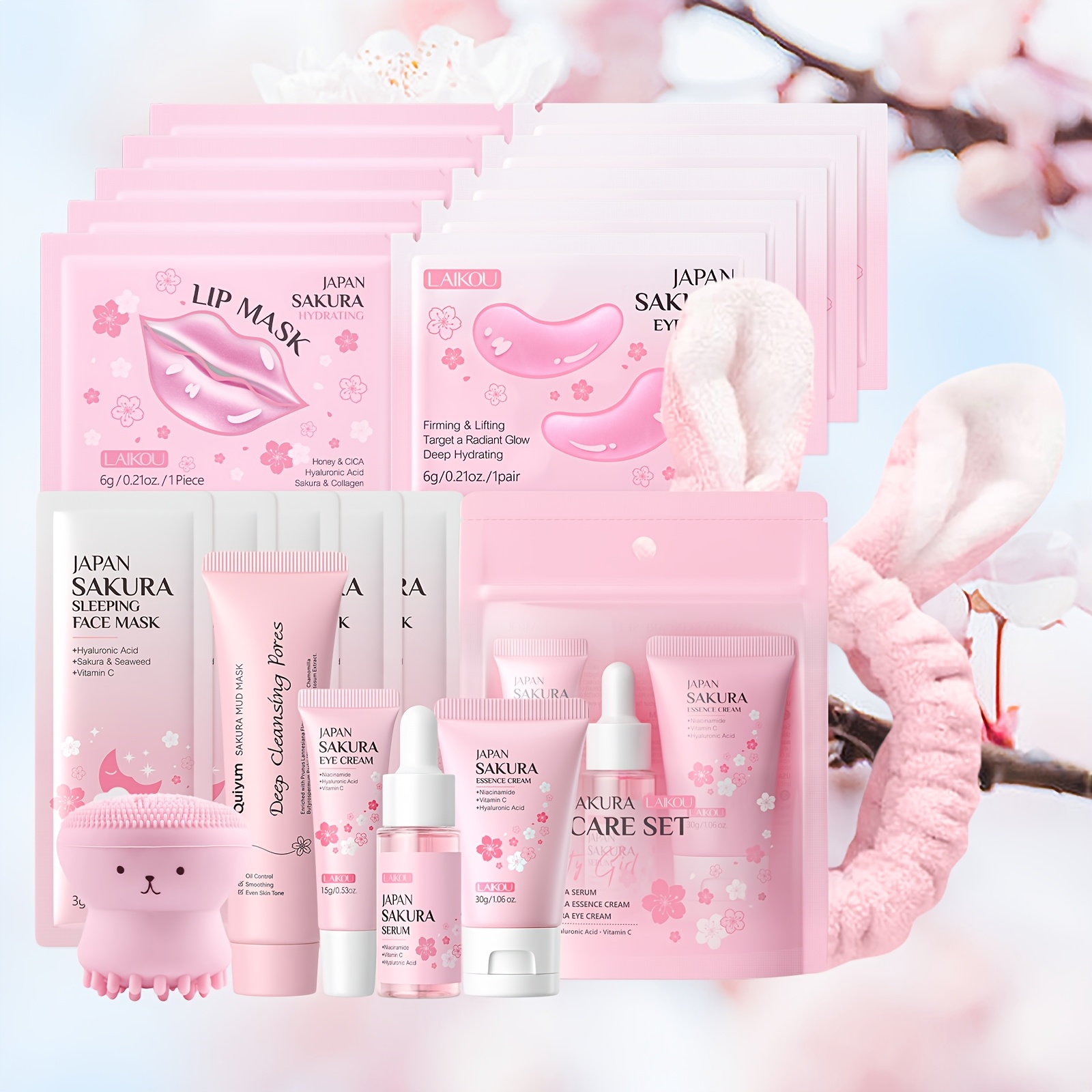 Image of Laikou Sakura Skincare Set, Eye Cream, Serum, Moisturizing Cream, Lip Mask 5pcs, Eye Mask 5pcs, Sleep Mask 5pcs, Facial Mud Mask, Facial Skincare Set, Christmas, Valentine's Day Gift