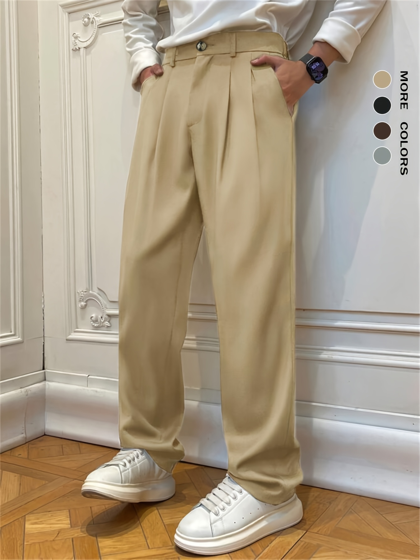 *'S Stylish Classic Business Casual Pants Solid Color, Straight Fit,  Crease-Resistant Work Trousers with Button Details, Soft Breathable