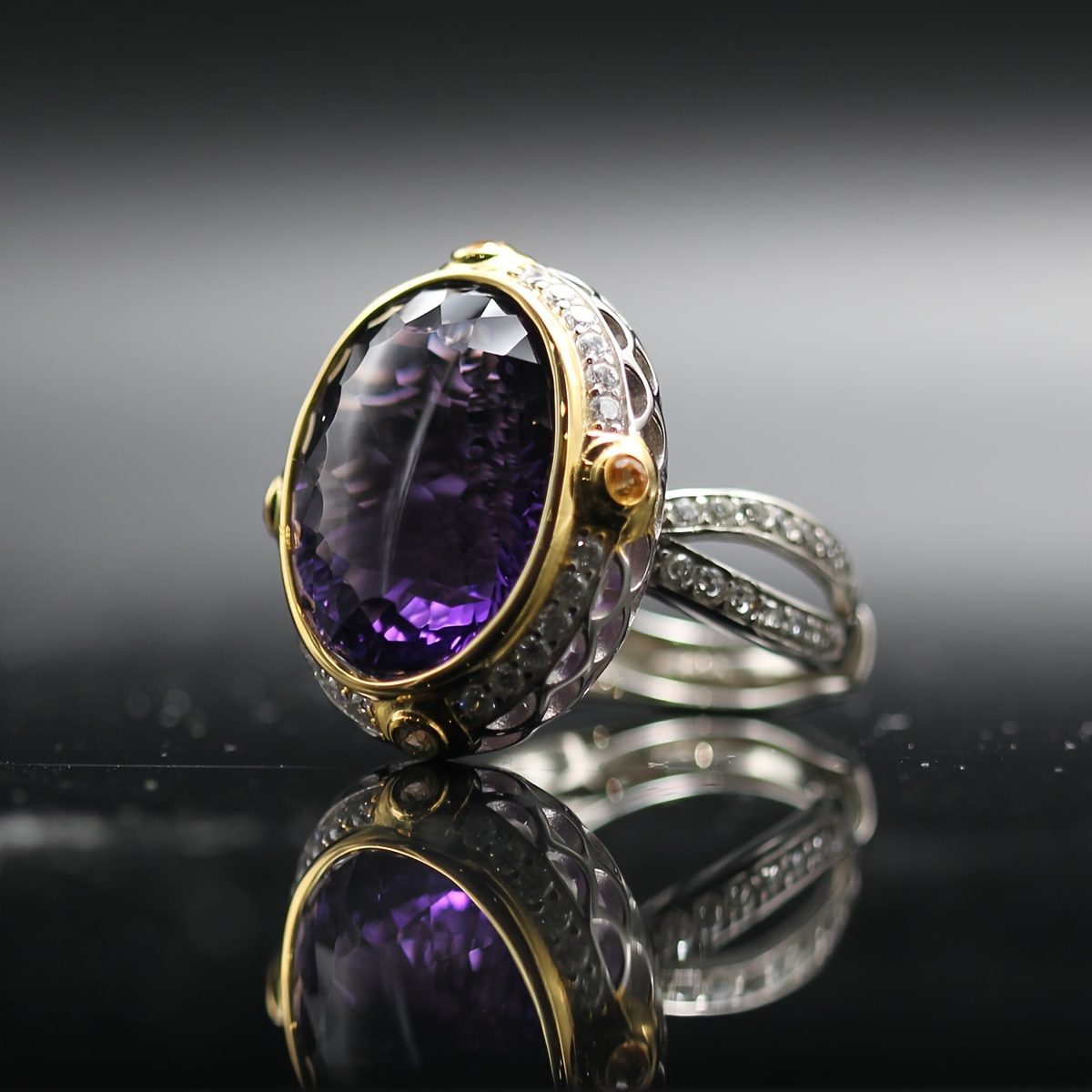 

Brillar Jewelry Italian Two-color Craft S925 Silver Inlaid Amethyst Oval Rings Luxury Niche Adjustable Ring