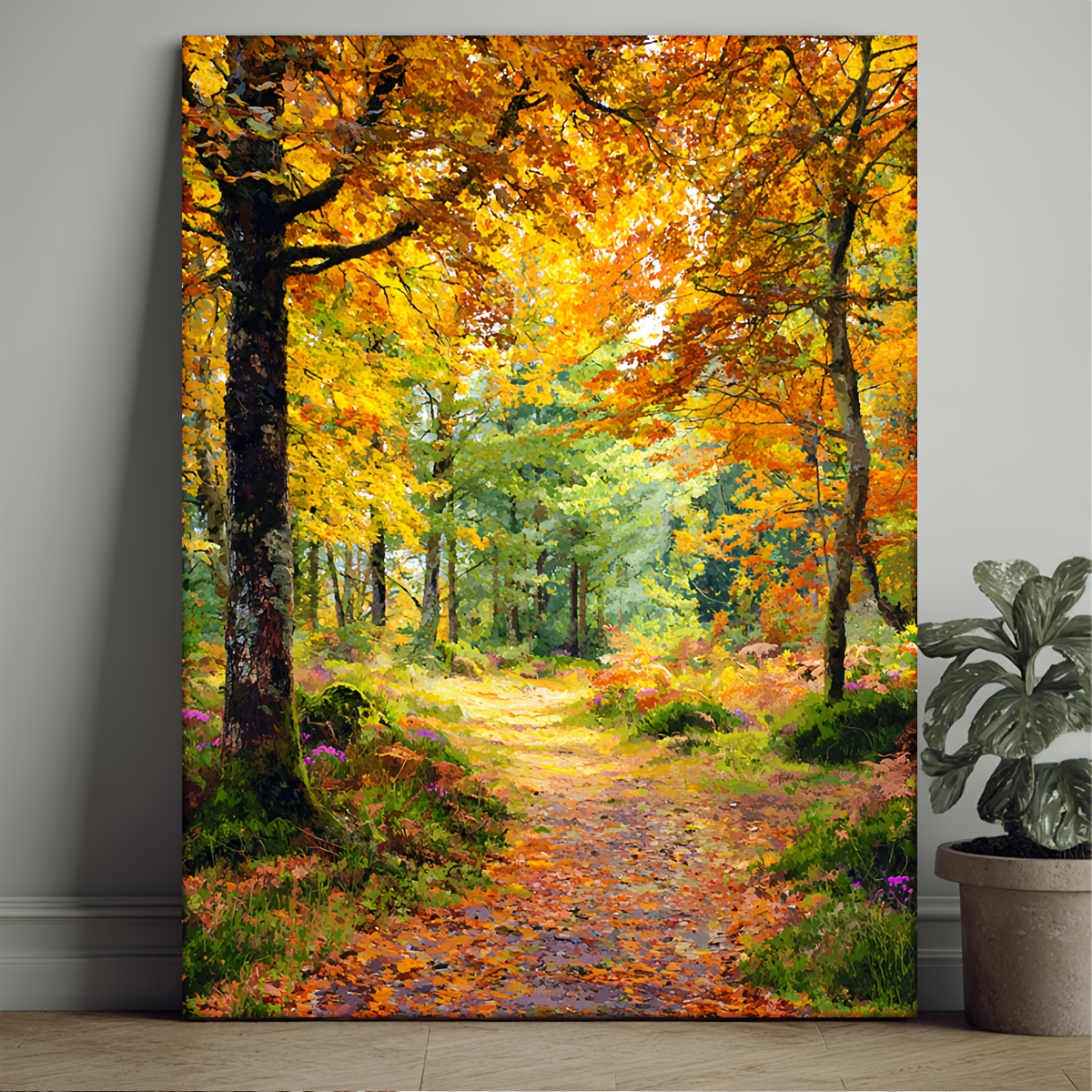 TEMU 2d Flat, Posters & Prints 1pc Framed Canvas Painting - Golden-yellow, Orange, Red, Brown, Green, Purple, - Wall Decor - Ready-to-hang Autumn