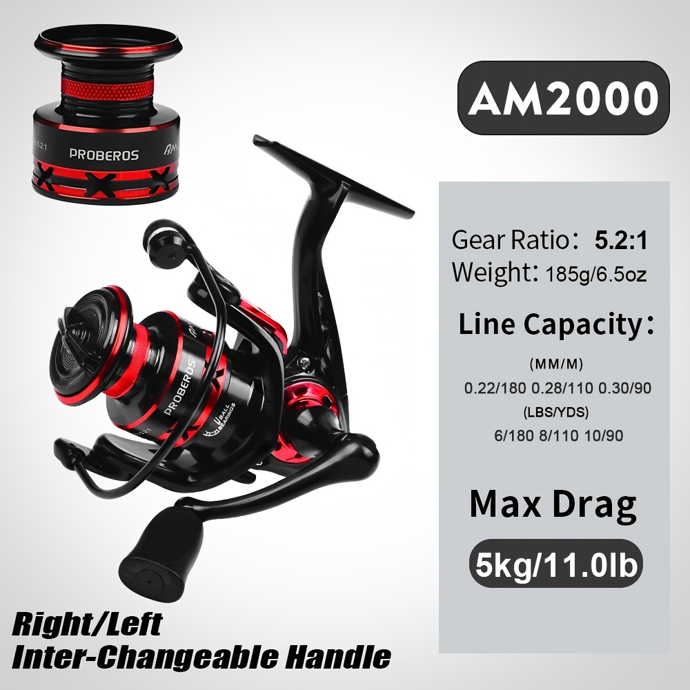 Probeos Ae1000-6000 Series Fishing Reels, 5.2:1 Gear Ratio Spinning Reel Drag 20kg, Fishing Tackle