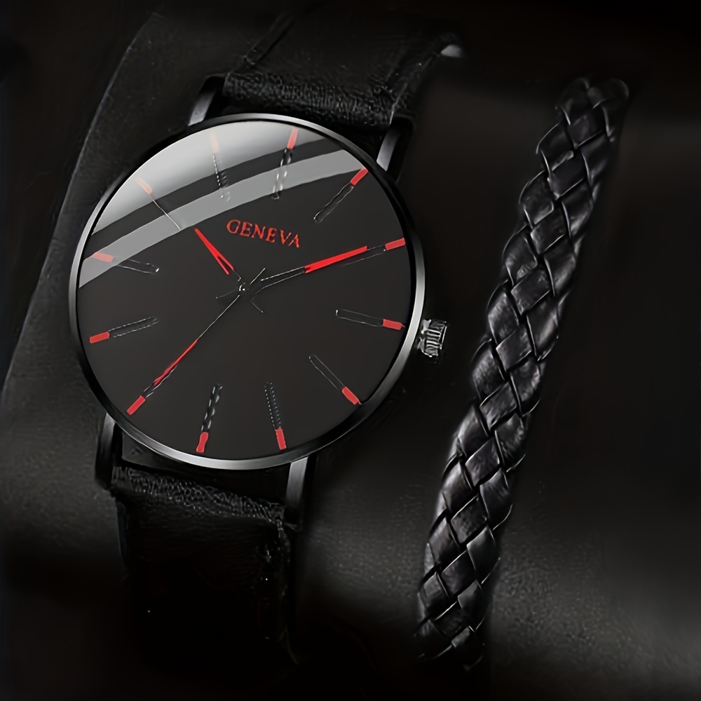 

2 Pcs Quartz Watches Pu Leather Strap Zinc Alloy Pointer And Bracelet Jewelry For Women Men