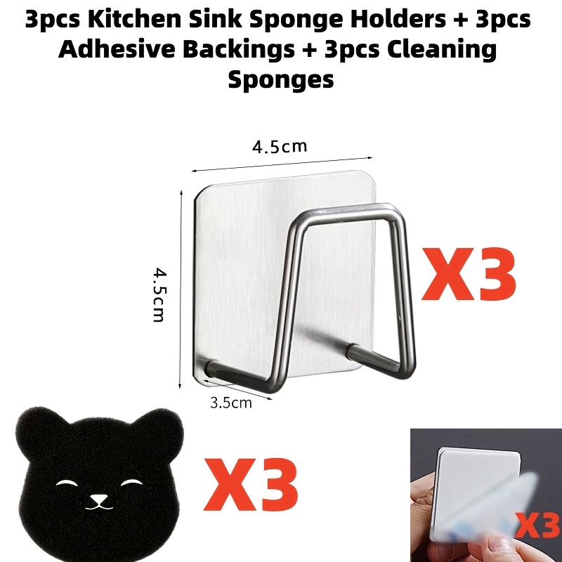 TEMU 9pcs Set (3 Kitchen Sink Sponge Hangers + 3 Adhesive Backings + 3 Cleaning Sponges), 304 Stainless Steel Material, No-drill Installation,