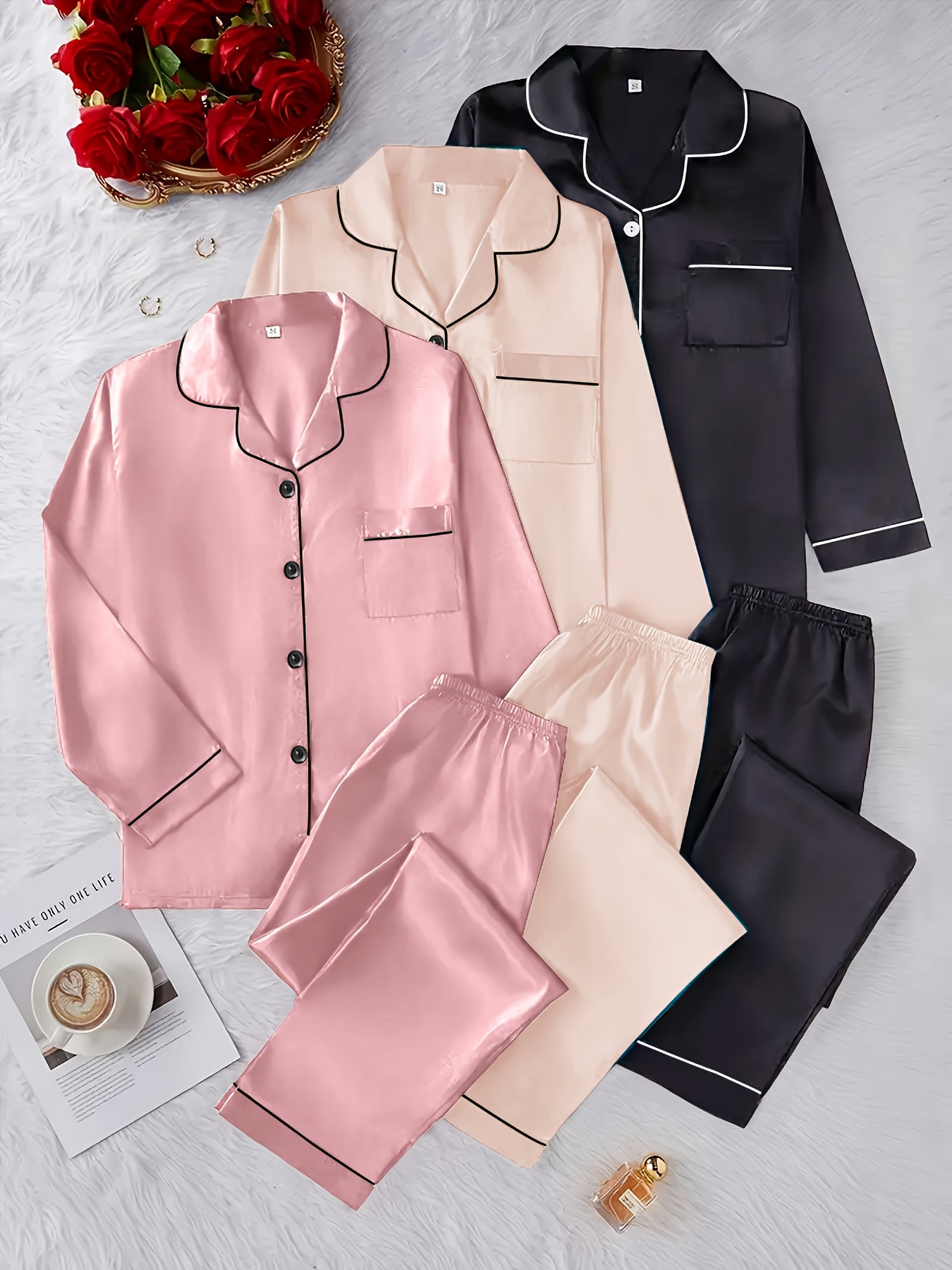 3 teiliges damen pyjama set polyester satin lässiges - Temu Germany