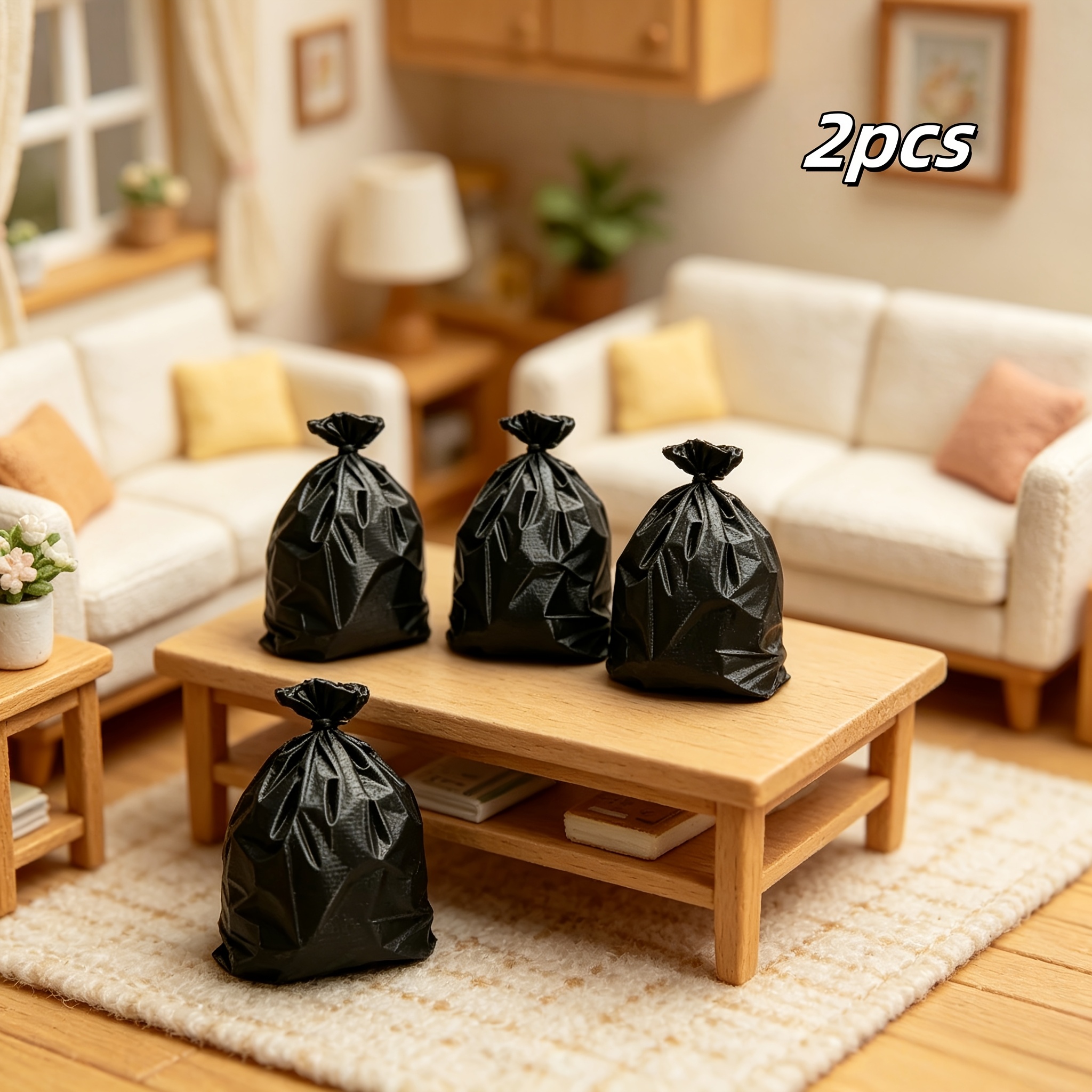 Image of 2pcs, Miniature Trash Bag Models, Black Dollhouse Decorative Trash Bag Ornaments, 3d Printed Plastic Material Miniature Collectibles, Dollhouse Enthusiast Collectibles
