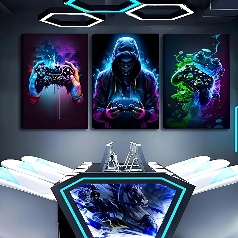 

3pc Video Game Controller Wall Art Set: Frameless Neon Prints, Perfect For A Gaming Room Or Boy's Bedroom