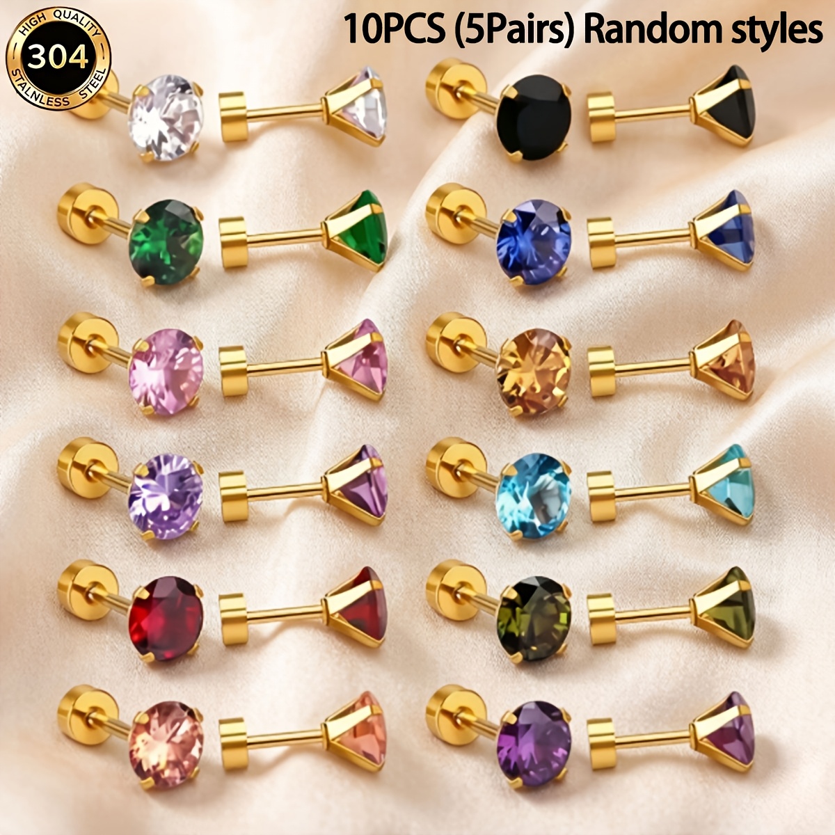 TEMU 2D - 10 piezas (5 )/Set Estilos Aleatorios, Aros de Pendientes de Acero Inoxidable de 5 mm con 4 Redondas CZ, Dorso , Se Pueden Usar Mientras Se