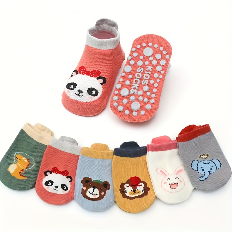 6 Pairs Baby Socks with Cute Cartoon Animal Patterns - Non-Slip Ankle Socks for Boys & Girls, Soft Breathable Fabric, Machine Washable, Spring/Fall Toddler Walking Socks for Indoor/Outdoor Play, Baby Socks, Playful Kids Footwear, Comfortable Kids Wear