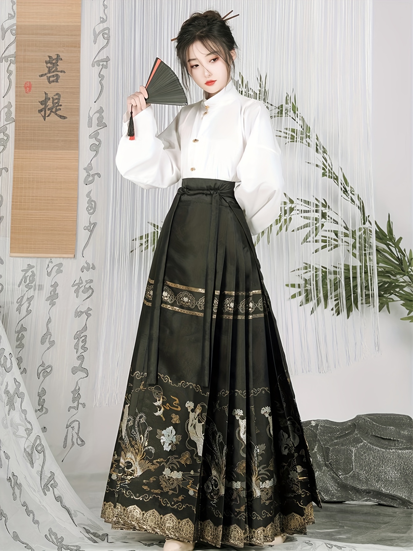 Hanfu Falda Chino Mujer Vestido Hanfu Tradicional Chino Para Mujer Verde Y  Bordado Dorado, Falda A-, image size:800x1067