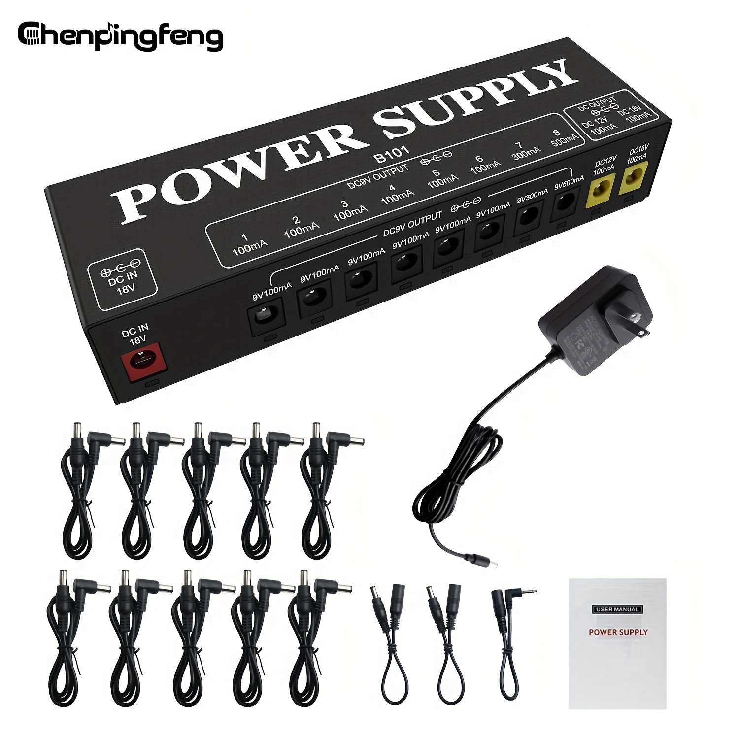 

10 Outputs Guitar Pedal Power Supply, 9v/12v/18v With Usb 5v/1a Port, Male-to-female, Adjustable 110v/220v With Us Plug, No Battery, Power Supply Mode For Effect Pedals