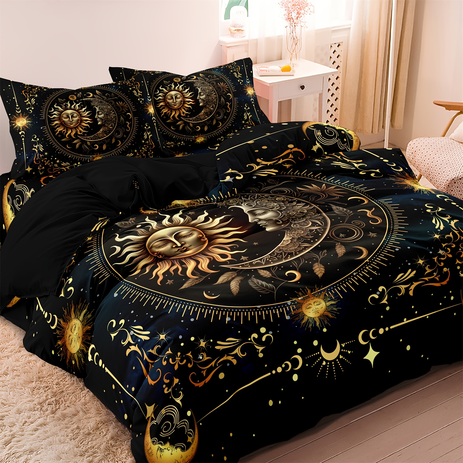 3pcs sun moon celestial   duvet cover set 100 breathable polyester       1 duvet cover and 2 pillowcases without core golden astrological design room decration queen king size easter   warehouse