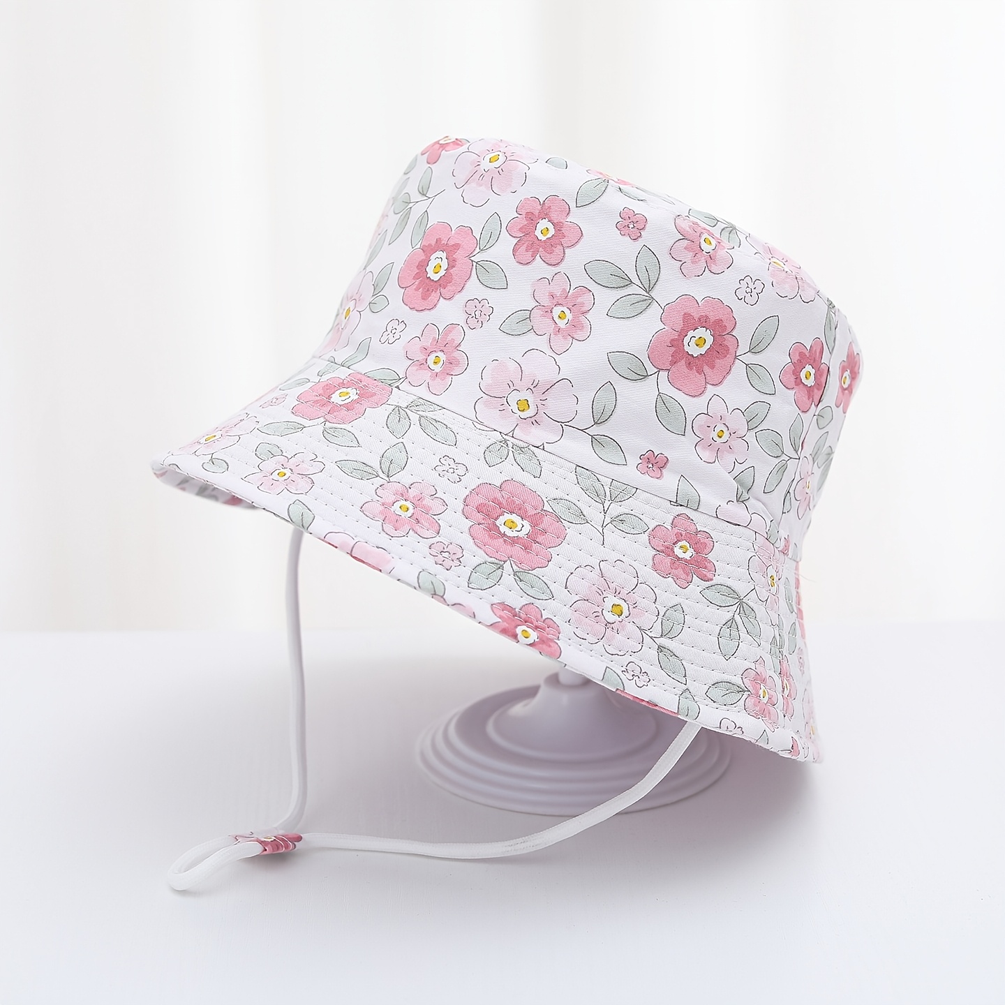 Kids' Floral Print Fisherman Hat, Lightweight Summer Sun Hat With Windproof Rope