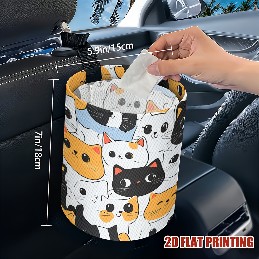 TEMU 1pc Cat Pattern Car Trash Can, Printed Trash Can, Kitchen Camping Trash Can, Women' Accessories, Car Trash Organizer, Car Decor Upright Floor Or